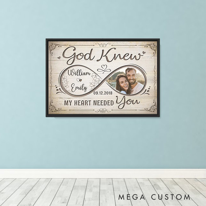 Personalized God Knew My Heart Needed you Framed Canvas Painting with Name Photo and Date Religious Wall Art Gift