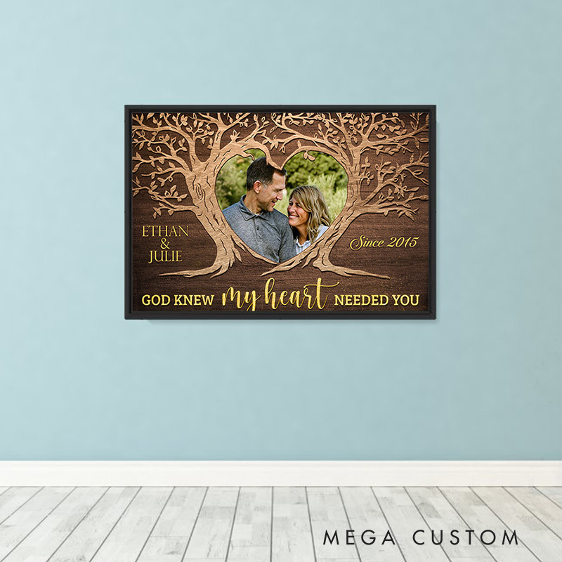 Personalized God Knew My Heart Needed you with Tree Design Framed Canvas Painting with Name and Photo Religious Wall Art Gift