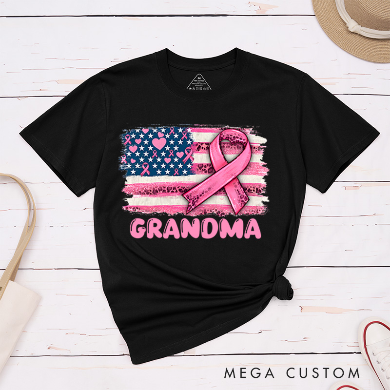 Personalized Pink Ribbon American Flag Breast Cancer T-Shirt Cancer Survivor Gift