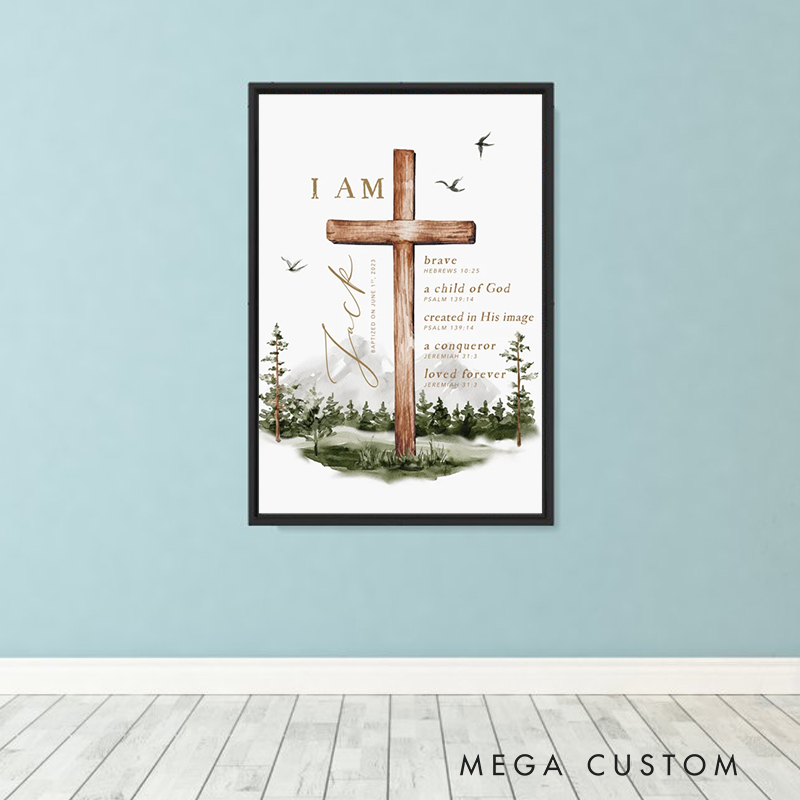 Personalized Cross Forest Bible Verse Framed Painting with Name and Text Wall Decor Christening Baptism Gift for Boys