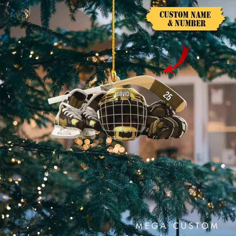 Personalized Hockey Ornament with Custom Name, Number, Gear Design, and Colors
