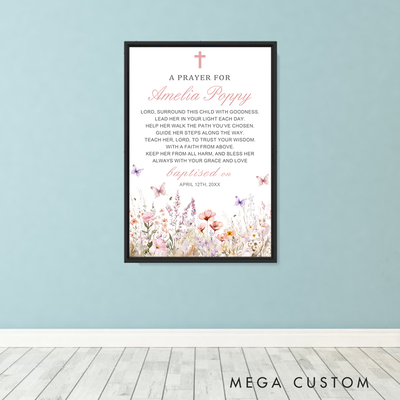Personalized Baptism Prayer Art Wildflower Framed Painting with Name and Text Wall Decor Baptism Christening Gift for Girls
