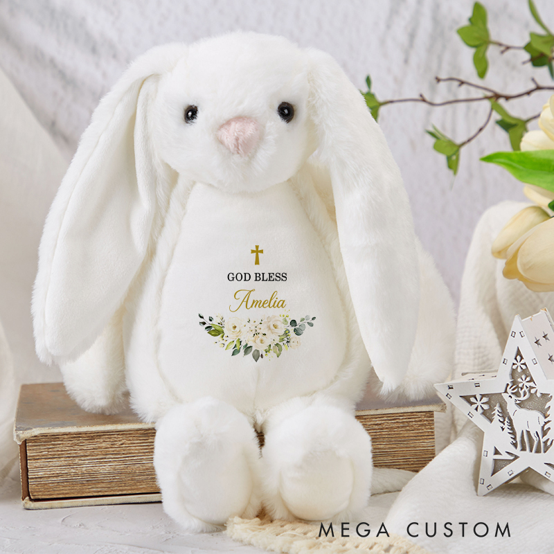 Personalized God Bless Stuffed Bunny Plush Toy with Name Birthday Baptism Gift for Babies