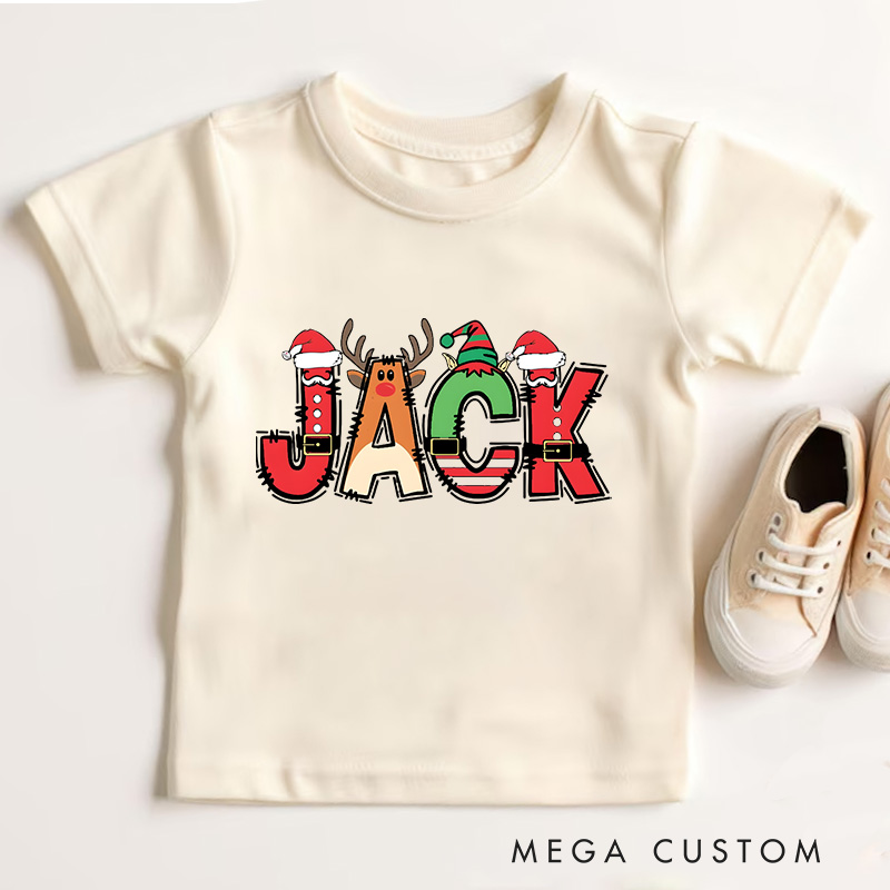 Personalized Christmas Name T-Shirt for Kids Toddler Christmas Tee Santa Reindeer and Elf Design