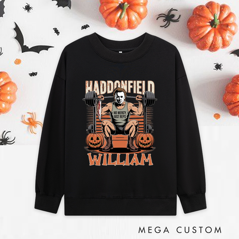 Personalized Halloween Classic Sweatshirts with Fierce Weightlifting Character Pumpkins Sweatshirts Gift for Fitness Enthusiasts Bodybuilders and Gym Lovers