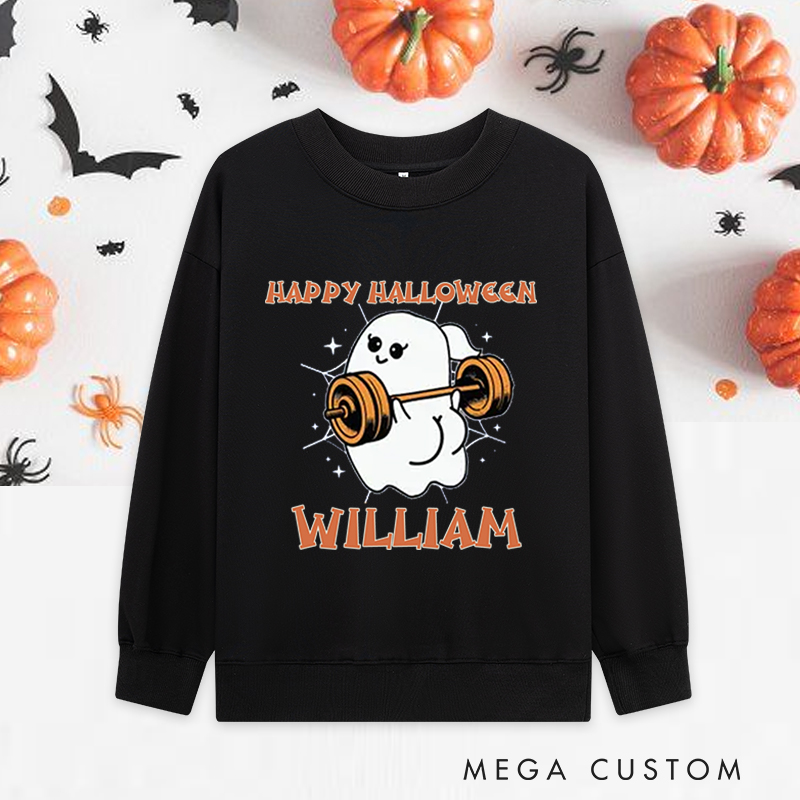 Personalized Halloween Classic Sweatshirts with Adorable Ghost Lifting Barbell Sweatshirts Gift for Fitness Enthusiasts Bodybuilders and Gym Lovers