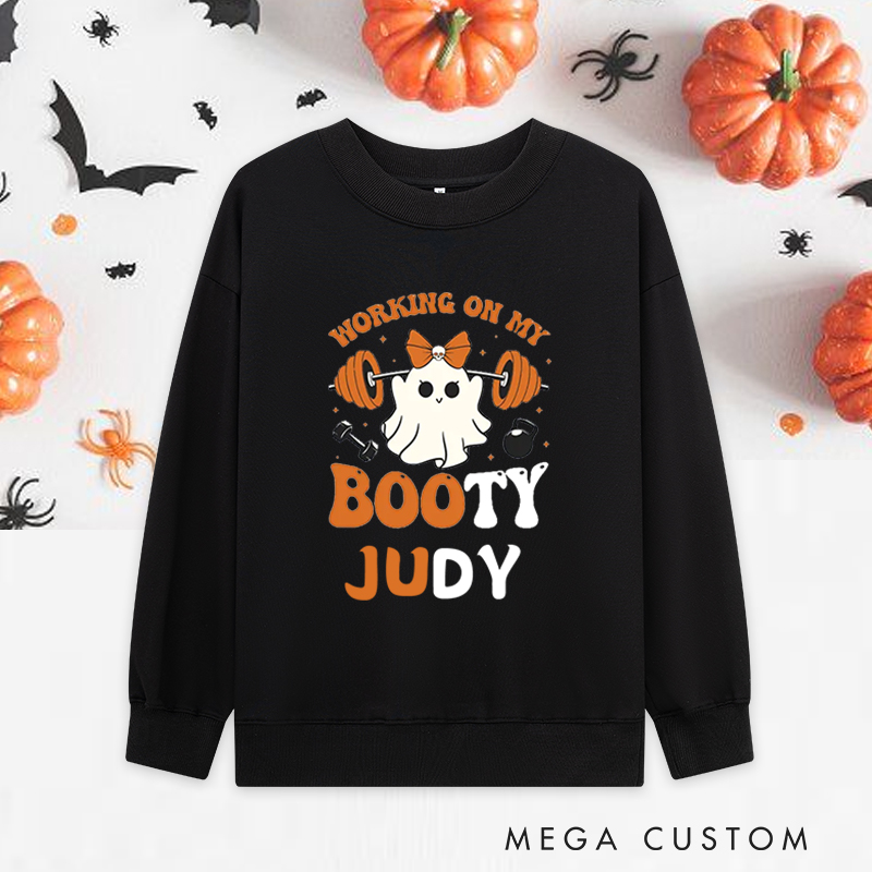 Personalized Halloween Classic Sweatshirts with Ghost Barbell Working on My Booty Sweatshirts Gift for Fitness Enthusiasts Bodybuilders and Gym Lovers
