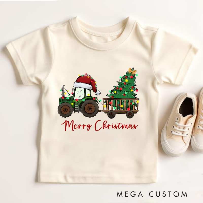 Personalized Christmas Tree Tractor Toddler T-Shirt Christmas Farm Life Tee Xmas Kids Gift