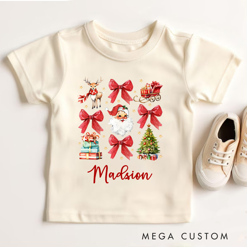 Personalized Christmas Santa and Bows T-Shirt Kids Christmas Tee Shirt Xmas Kids Gift