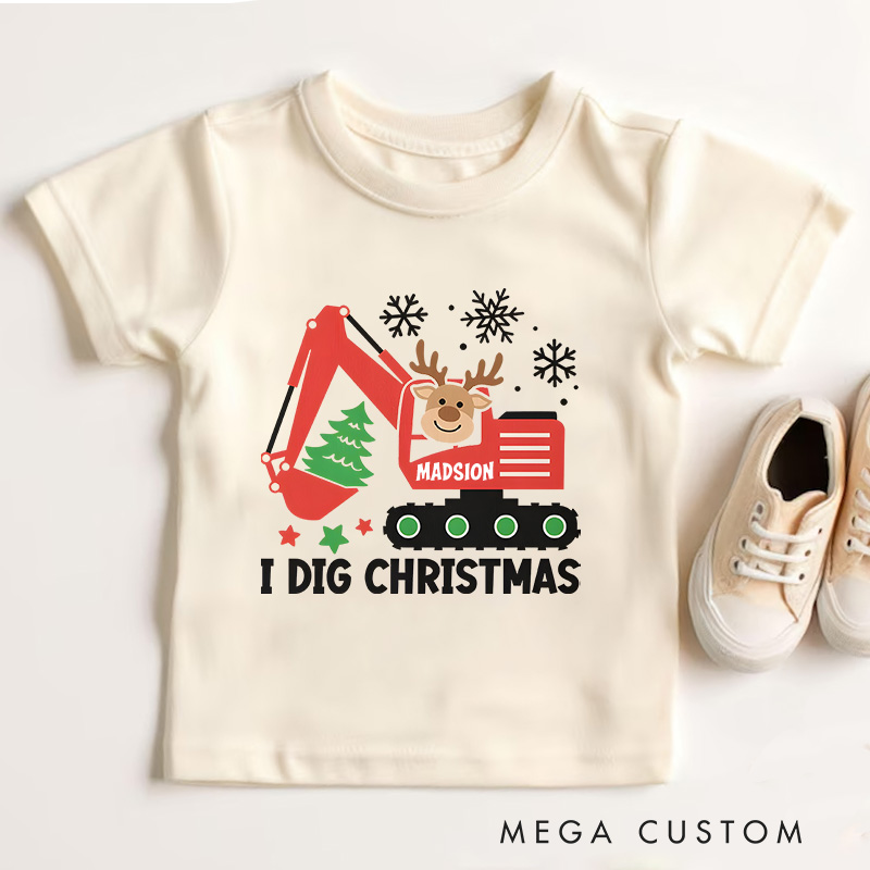 Personalized I Dig Christmas Cute Red Construction Vehicle Reindeer Tree Christmas Excavator Kids T-Shirt