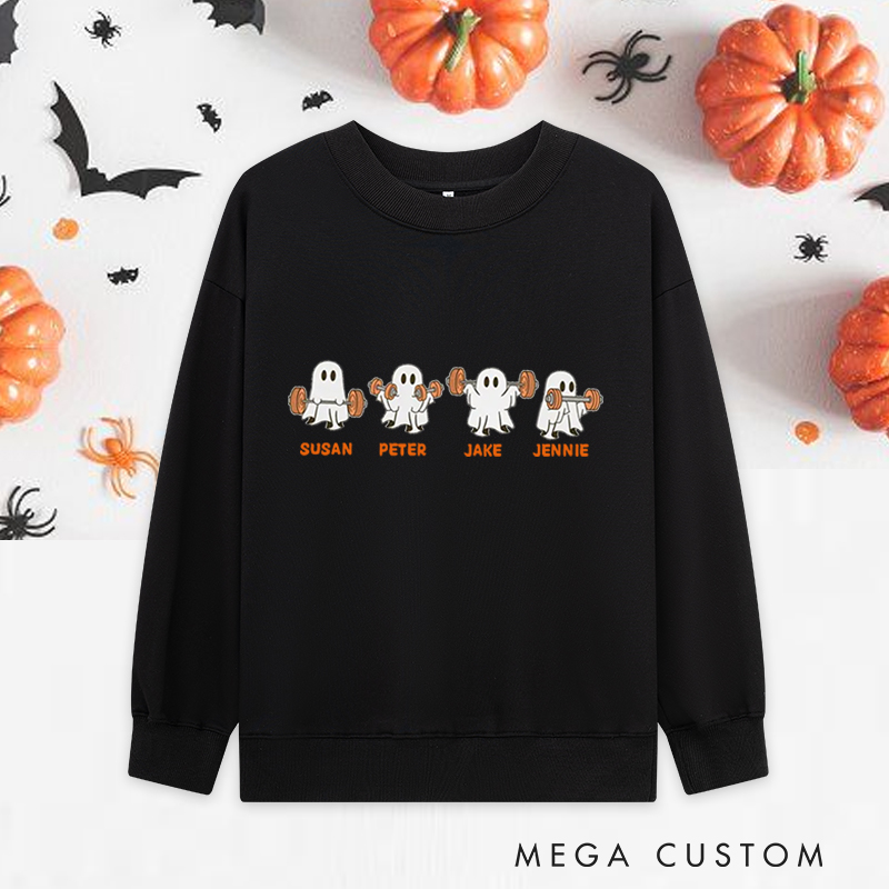 Personalized Halloween Classic Sweatshirts with Adorable Ghost Weightlifting Squad Sweatshirts Gift for Fitness Enthusiasts Bodybuilders and Gym Lovers