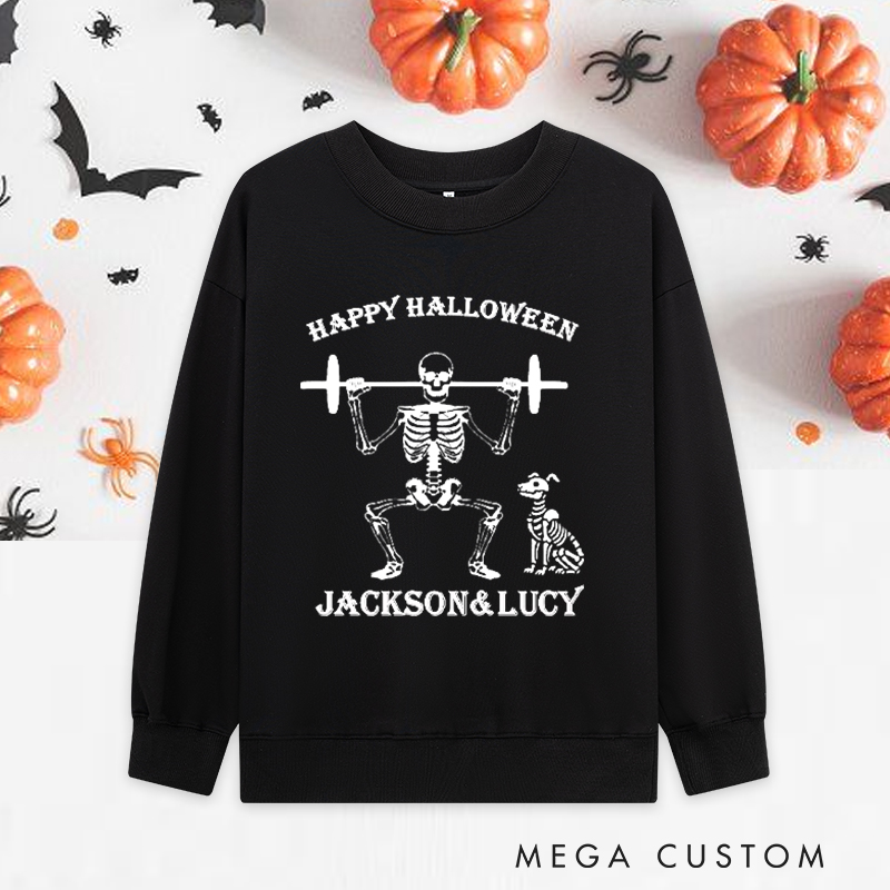 Personalized Halloween Classic Sweatshirts with Skeleton Weightlifting with Dog Sweatshirts Gift for Fitness Enthusiasts Bodybuilders and Gym Lovers