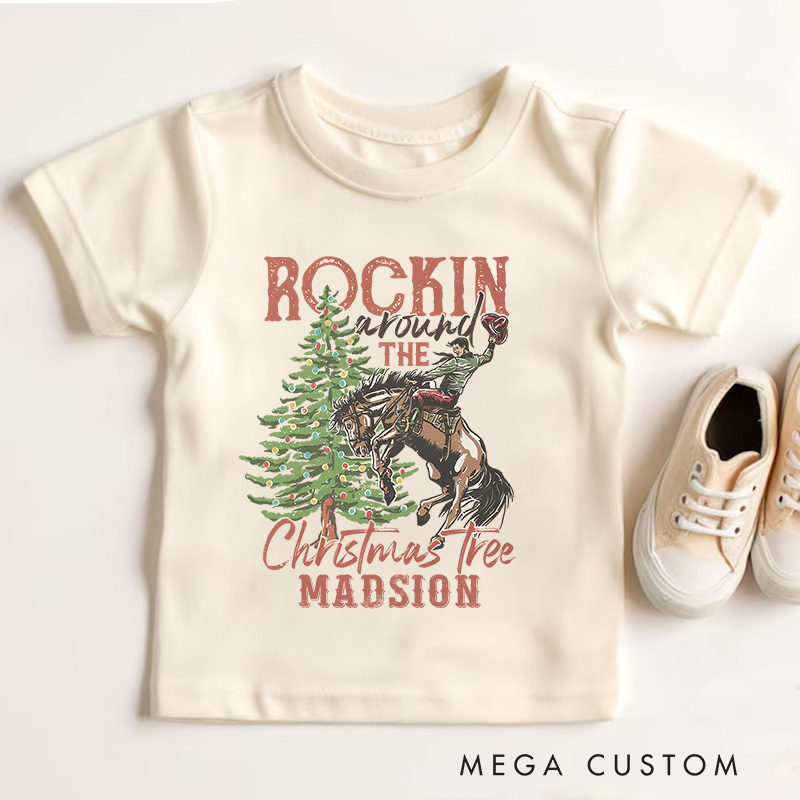 Personalized Western Rodeo Christmas Kids T-Shirt Retro Rocking Around The Christmas Tree Bucking Horse Holiday Outfit 