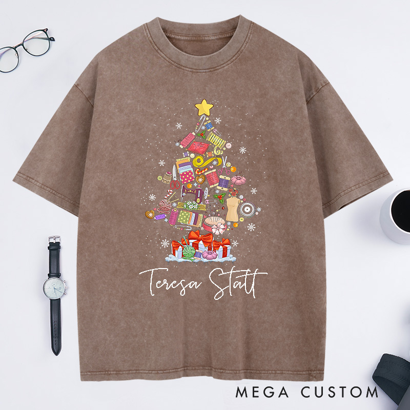 Personalized Sewing Machine Christmas Tree Washed T-Shirts Quilting Shirt Sewing Lover T-Shirt Christmas Tailor Gift Sewing Christmas Shirt