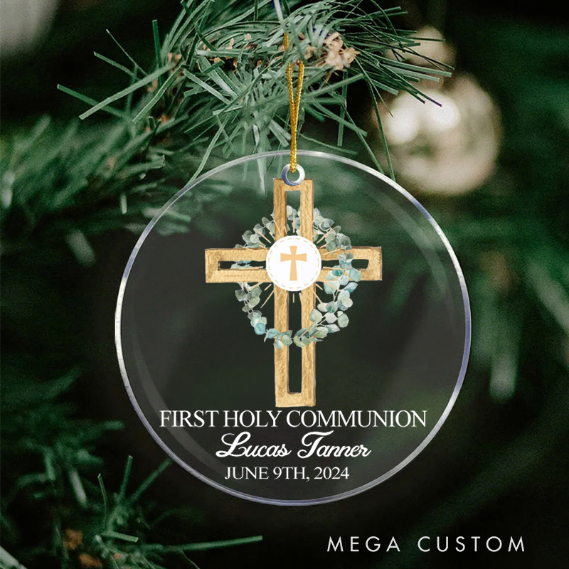 Personalized Cross Wreath Nativity Acrylic Ornament with Name Date Christening First Communion Gift for Christian Confirmation Gift