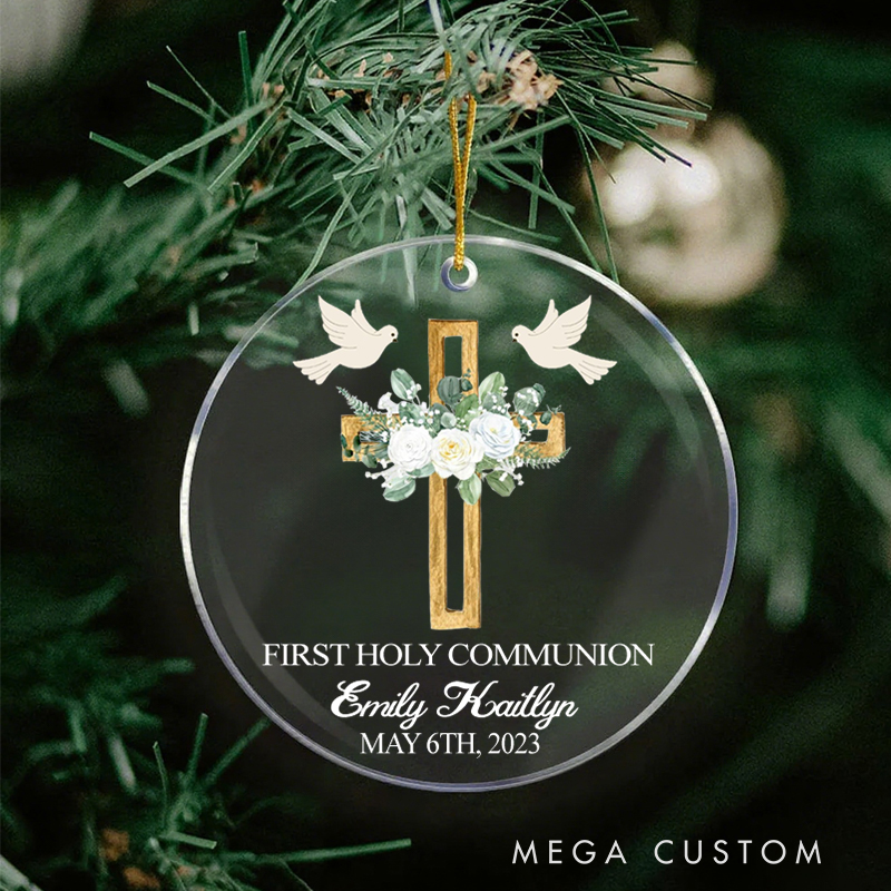Personalized Cross Dove Nativity Acrylic Ornament with Name Date Christening First Holy Communion Gift for Christian Confirmation Gift