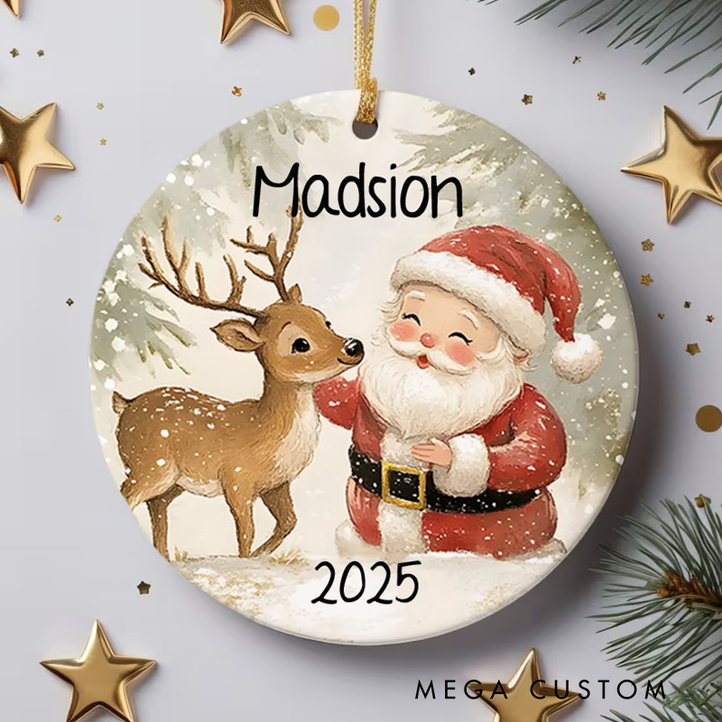 Personalized Santa and Rudolph Name Christmas Ornament Woodland Anima Keepsake Ornament