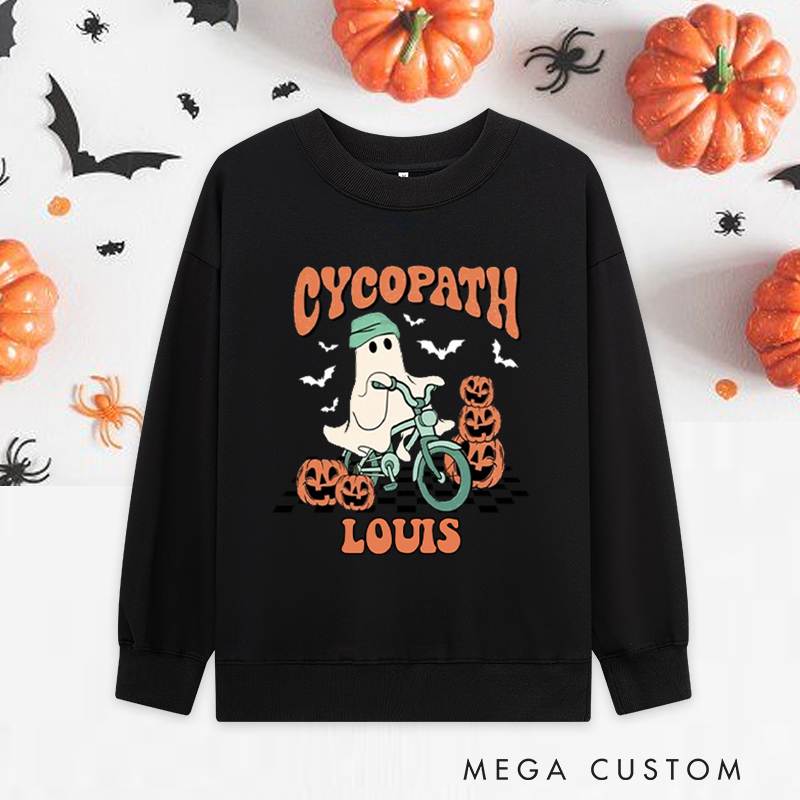 Personalized Halloween Classic Sweatshirts with Ghost Riding Bike with Pumpkins for Fitness Enthusiasts Bodybuilders and Gym Lovers