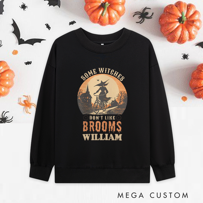 Personalized Halloween Classic Sweatshirts with Funny Witch on Bicycle Spooky Night for Fitness Enthusiasts Bodybuilders and Gym Lovers