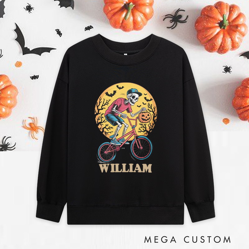 Personalized Halloween Classic Sweatshirts with Skeleton Riding Bike with Pumpkin and Moon for Fitness Enthusiasts Bodybuilders and Gym Lovers