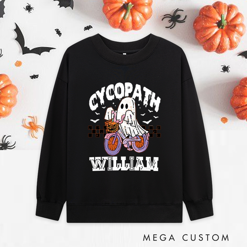 Personalized Halloween Classic Sweatshirts with Ghost Riding Bike with Basket for Fitness Enthusiasts Bodybuilders and Gym Lovers