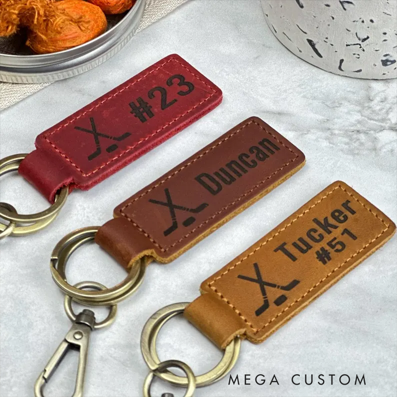 Personalized Leather Hockey Keychain with Custom Name and Number