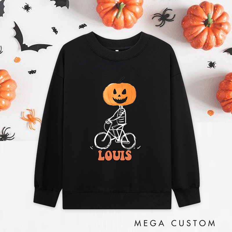 Personalized Halloween Classic Sweatshirts with Pumpkin Head Skeleton Riding Bike for Fitness Enthusiasts Bodybuilders and Gym Lovers