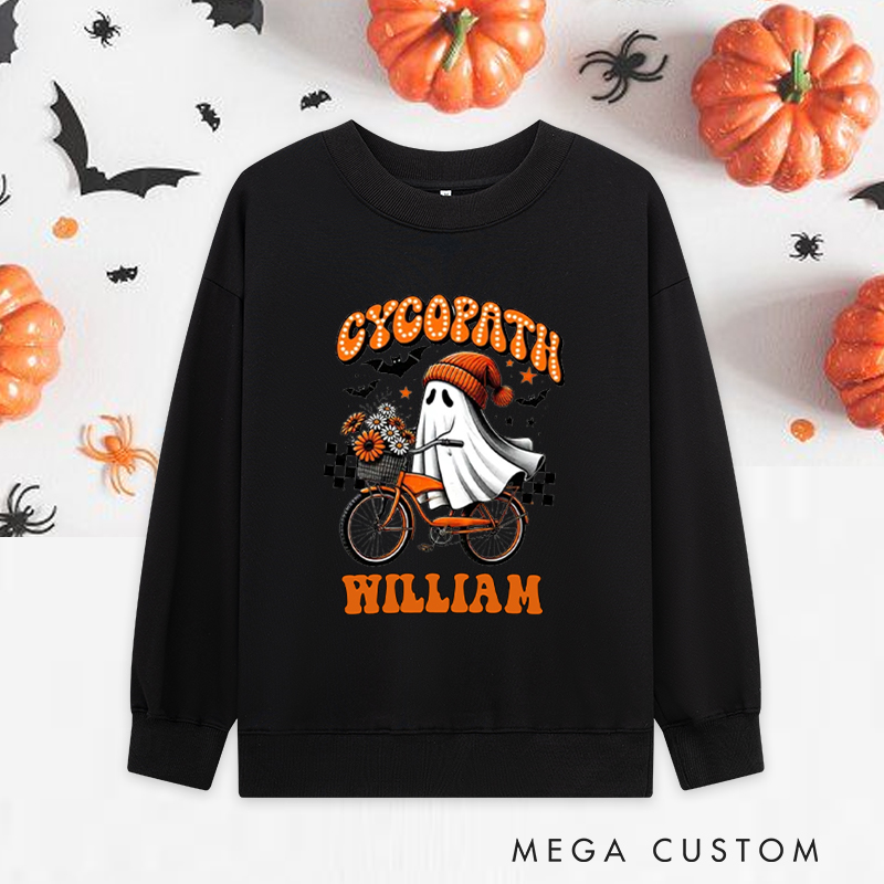 Personalized Halloween Classic Sweatshirts with Ghost Riding Bike with Flowers for Fitness Enthusiasts Bodybuilders and Gym Lovers