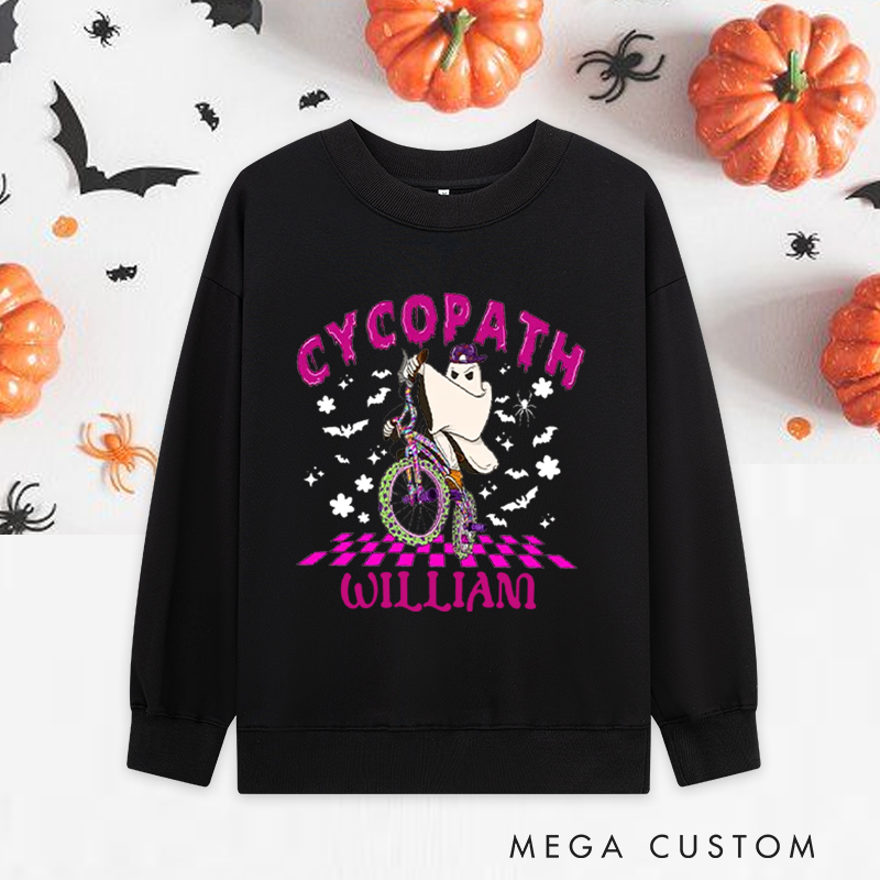 Personalized Halloween Classic Sweatshirts with Funny Ghost Biking with Spooky Bats for Fitness Enthusiasts Bodybuilders and Gym Lovers