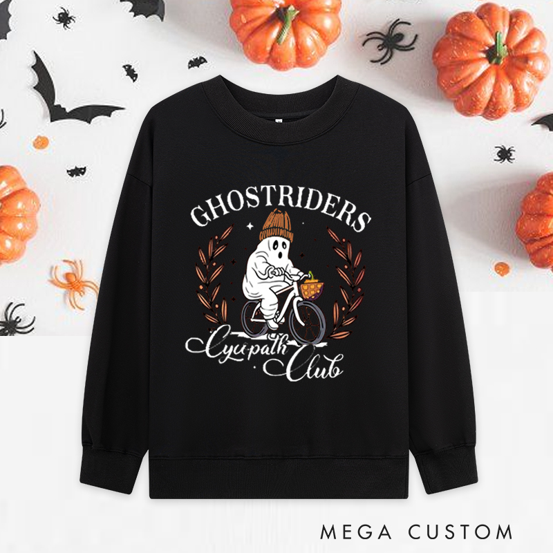 Personalized Halloween Classic Sweatshirts with Funny Ghost Biking with Autumn Wreath for Fitness Enthusiasts Bodybuilders and Gym Lovers