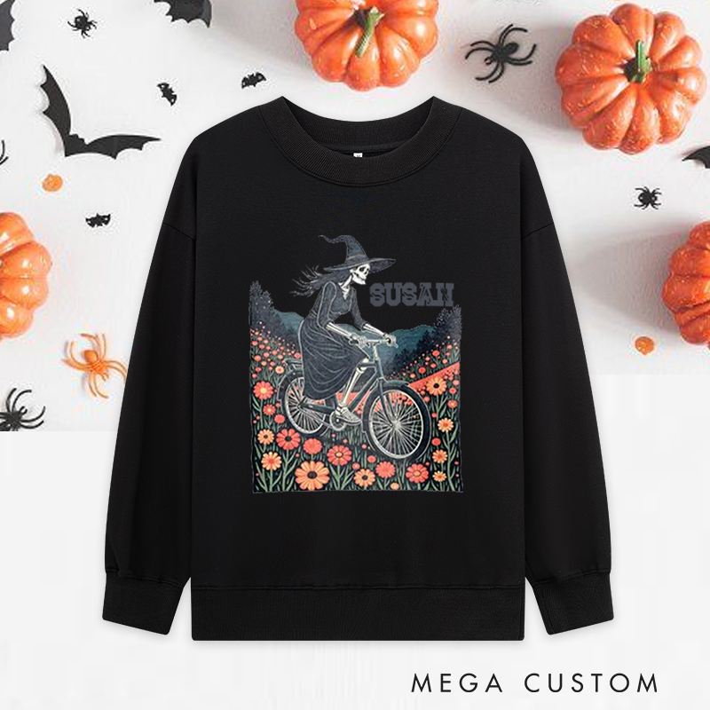 Personalized Halloween Classic Sweatshirts with Witch Skeleton Riding Bike Through Floral Field for Fitness Enthusiasts Bodybuilders and Gym Lovers