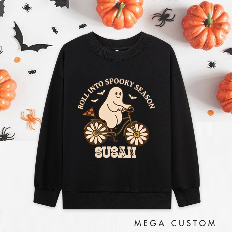 Personalized Halloween Classic Sweatshirts with Cute Ghost on Bicycle with Floral Wheels for Fitness Enthusiasts Bodybuilders and Gym Lovers