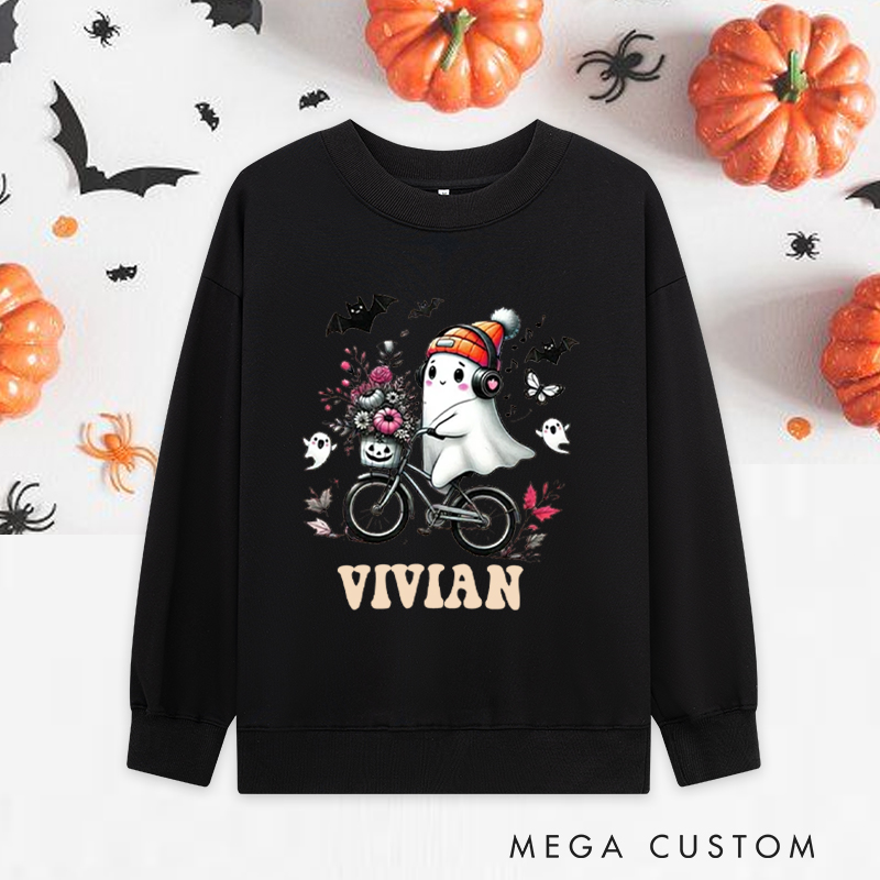 Personalized Halloween Classic Sweatshirts with Cute Ghost on Bike with Floral Basket and Headphones for Fitness Enthusiasts Bodybuilders and Gym Lovers