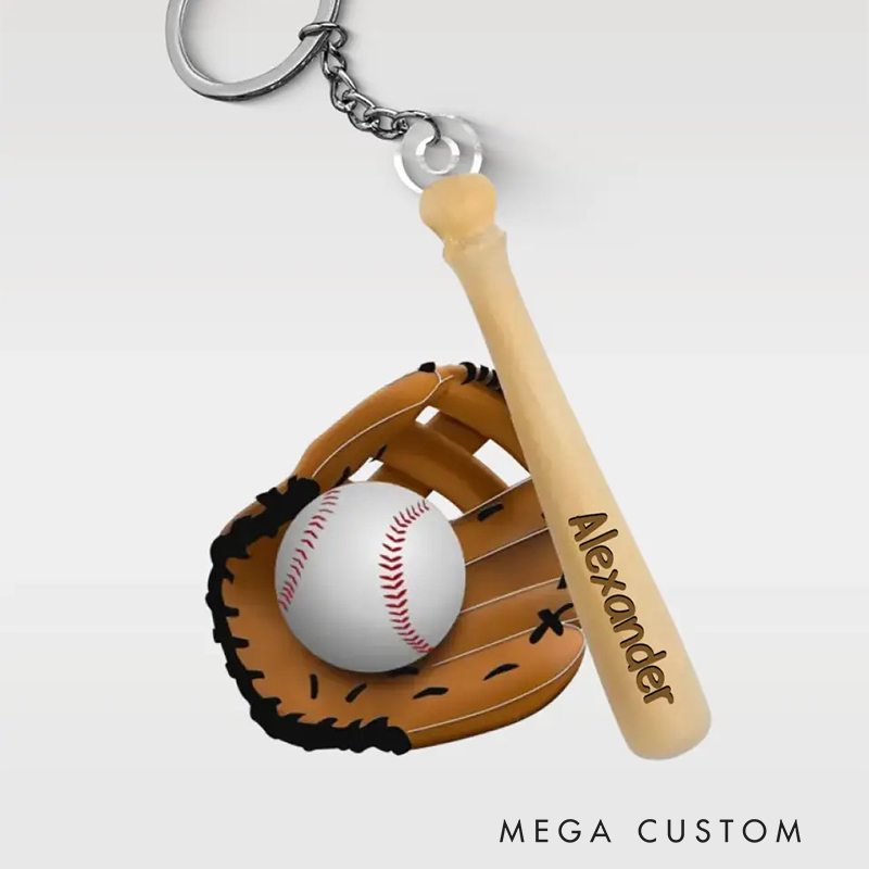 Personalized Baseball Acrylic Keychain with Custom Name on Mini Bat
