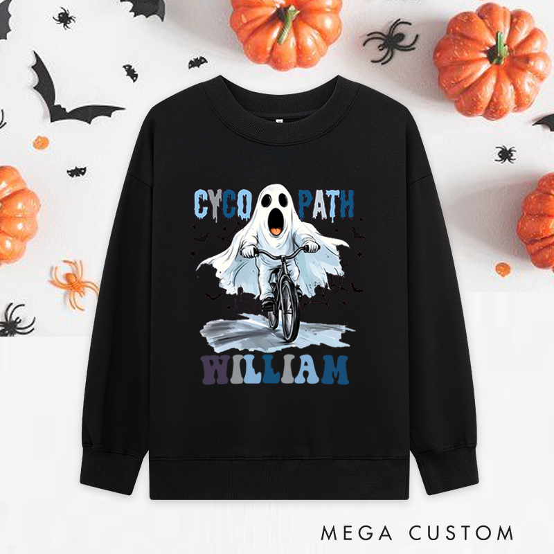 Personalized Halloween Classic Sweatshirts with Funny Ghost on Bicycle Screaming Face and Headphones for Fitness Enthusiasts Bodybuilders and Gym Lovers