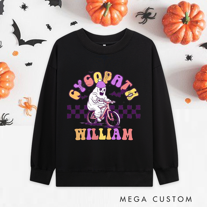 Personalized Halloween Classic Sweatshirts with Ghost on Bike with Purple Helmet for Fitness Enthusiasts Bodybuilders and Gym Lovers