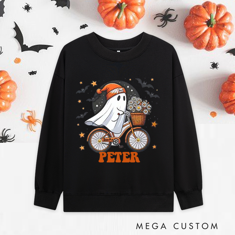 Personalized Halloween Classic Sweatshirts with Cute Ghost Riding Bike Basket of Flowers for Fitness Enthusiasts Bodybuilders and Gym Lovers