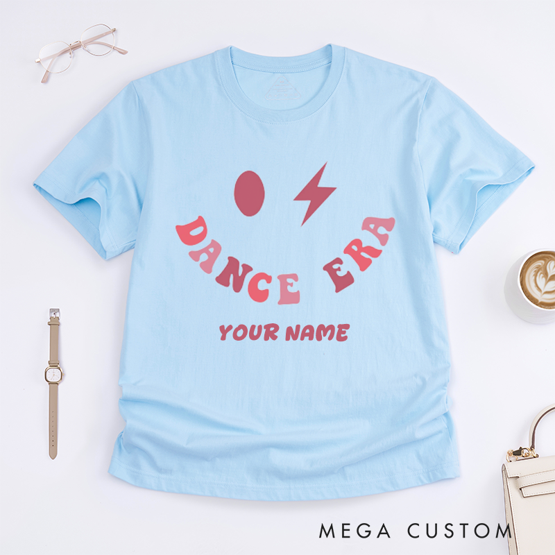 Personalized Dance Era Graphic T-Shirts Retro Smile Face Custom Name Gift for Women Unique Trendy Lightning Print Casual Top for Dancer Stylish Present
