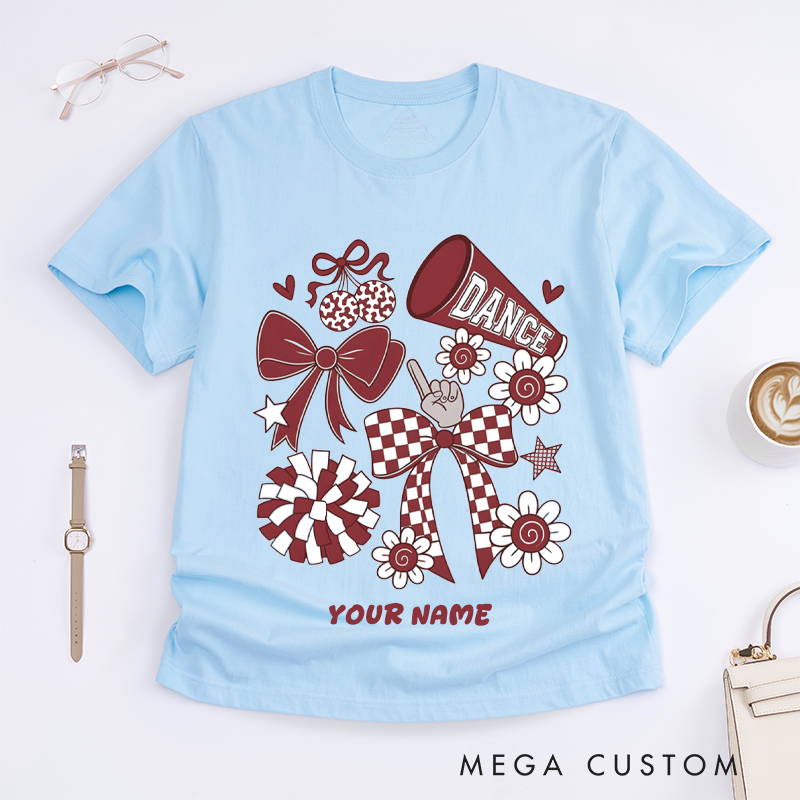 Personalized Dance Cheerleading T-Shirts for Girls Custom Name Cheer Squad Team Spirit Gift Unique Pom Pom Bow Flower Design for Dance Lovers