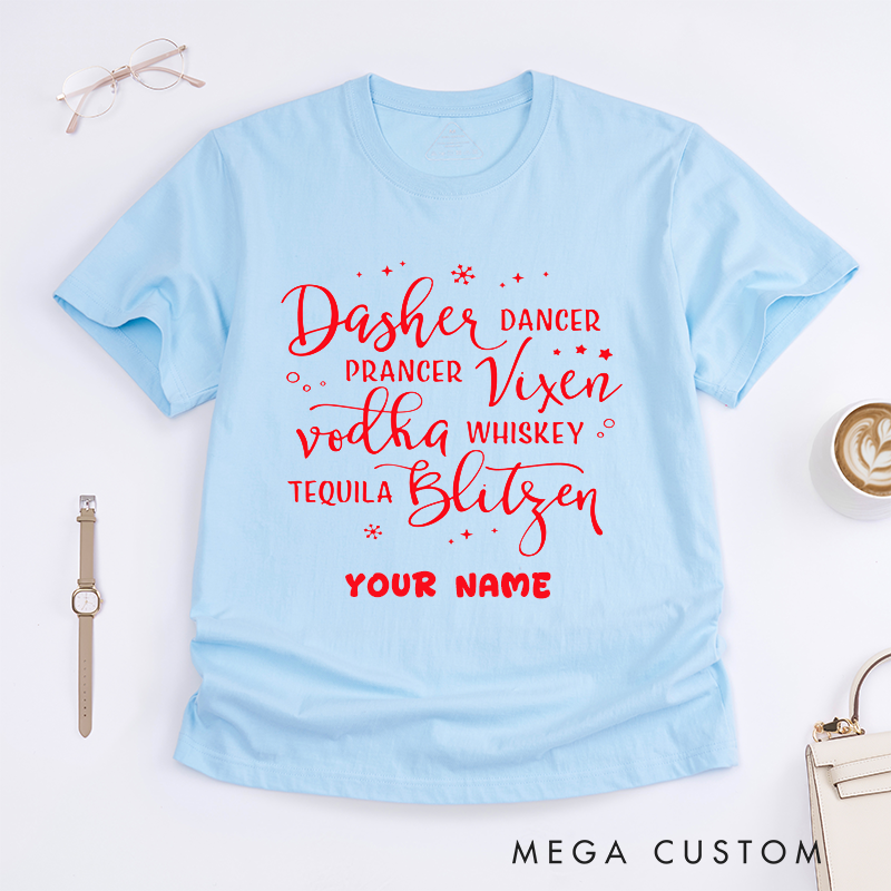Personalized Funny Reindeer Names Christmas T-Shirts Custom Name Drinking Themed Tee Gift for Women Humorous Vodka Whiskey Tequila Dance Lovers