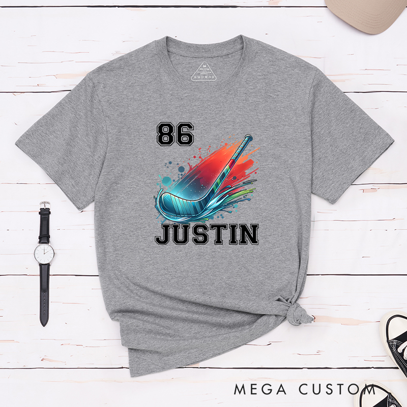 Personalized Athletic T-Shirt with Hockey Stick and Customizable Name