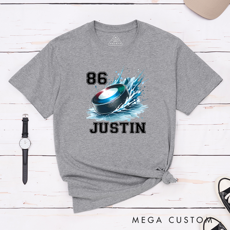 Personalized Hockey T-Shirt with Splashed Ice Puck Design and Custom Name
