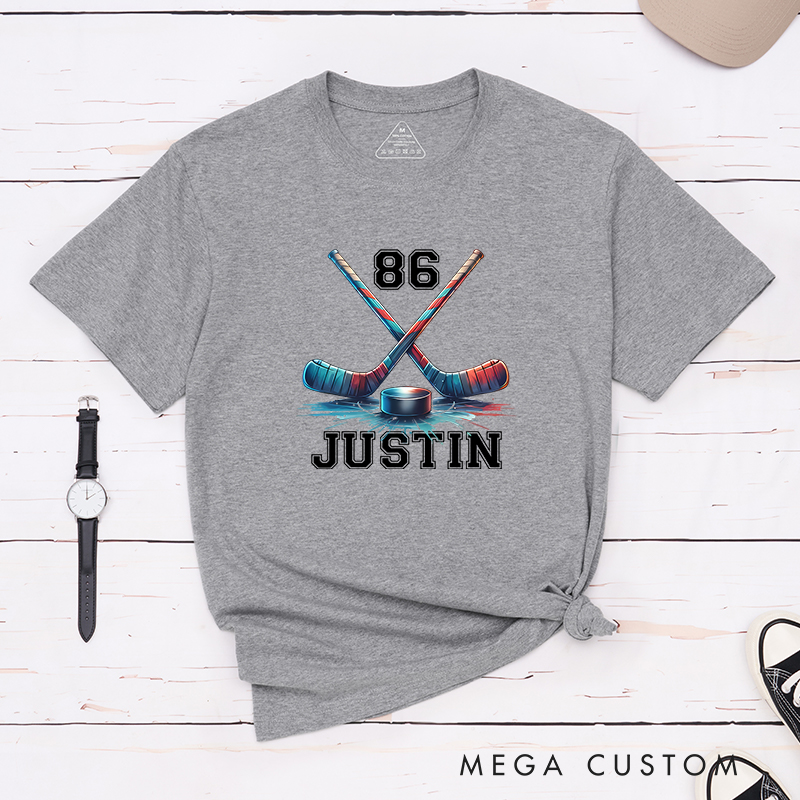 Personalized Ice Hockey T-Shirt with Crossed Sticks and Custom Name  