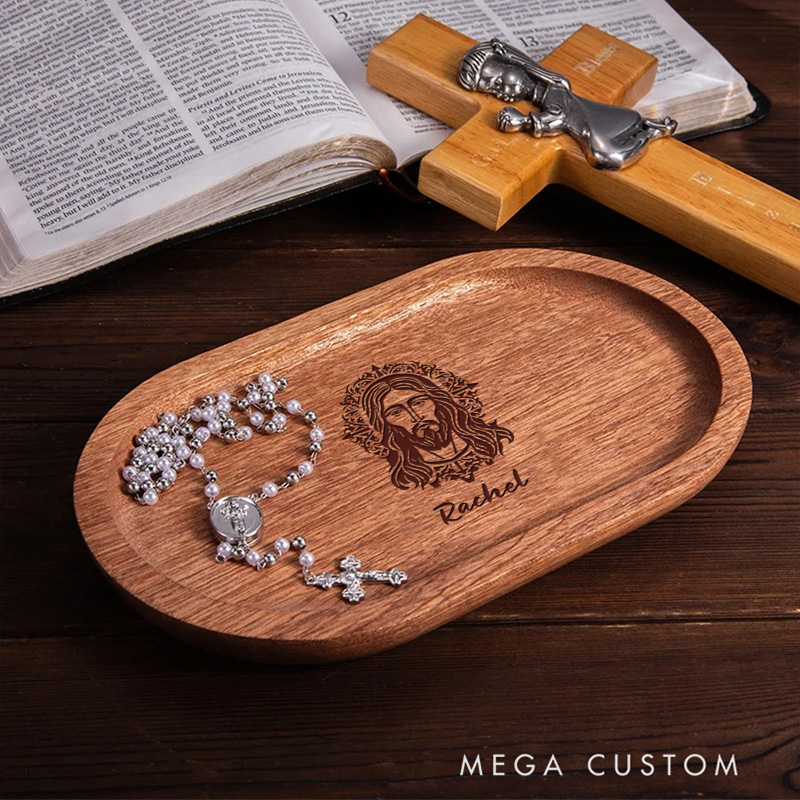 Personalized Jesus Wooden Rosary Tray with Engraved Name Religious Gift Birthday Gift for Christians
