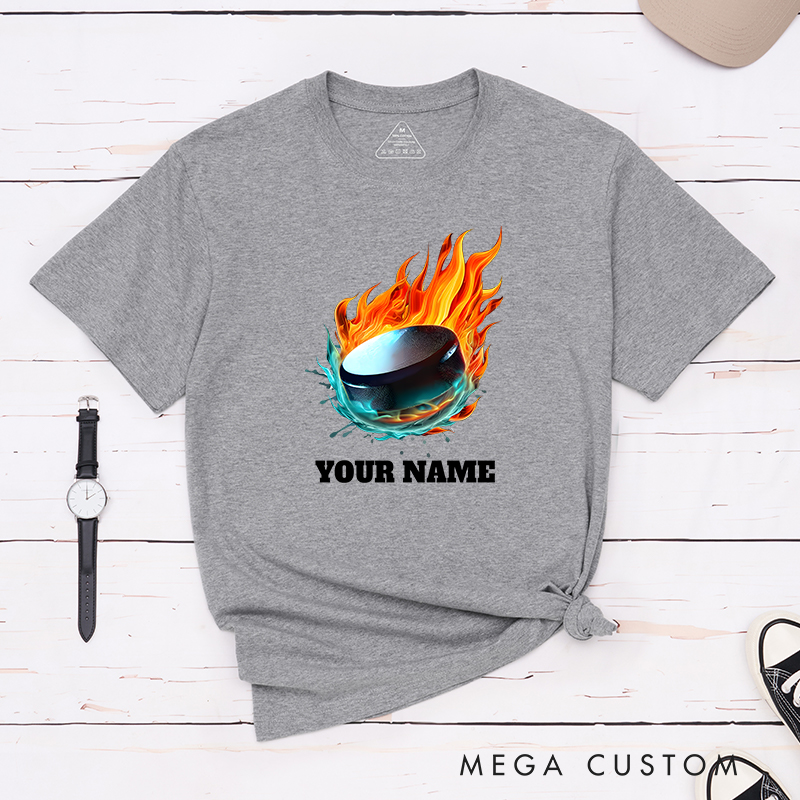 Personalized Flaming Hockey Puck T-Shirt with Custom Name  