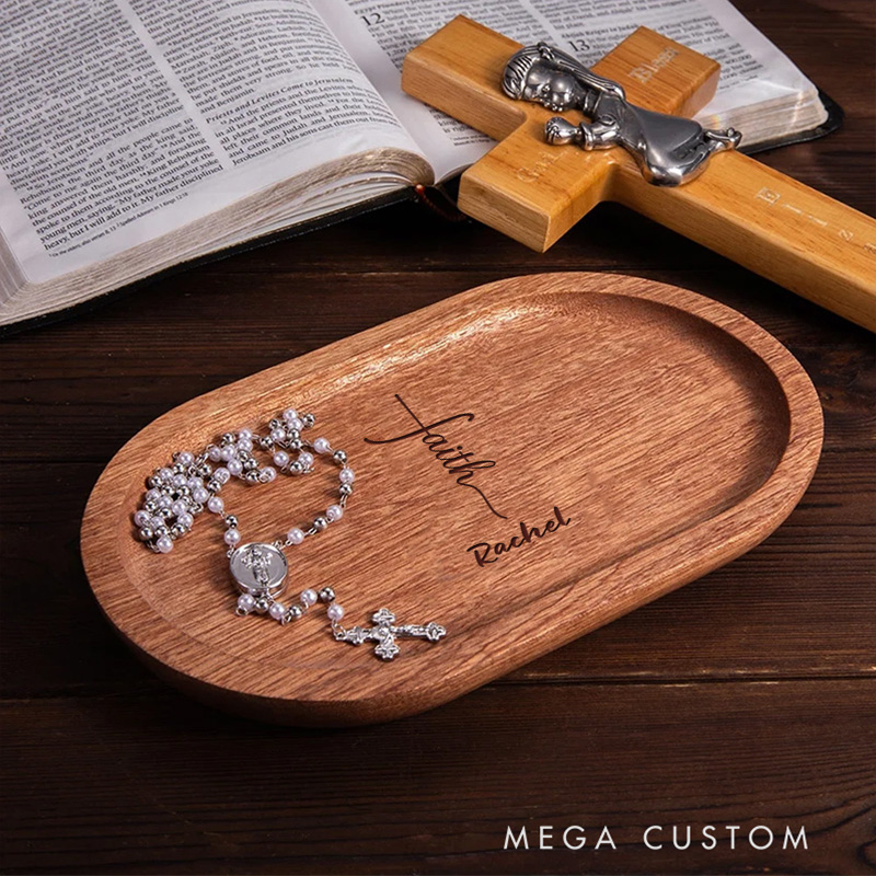 Personalized Faith Wooden Rosary Tray with Engraved Name Religious Gift Birthday Gift for Christians