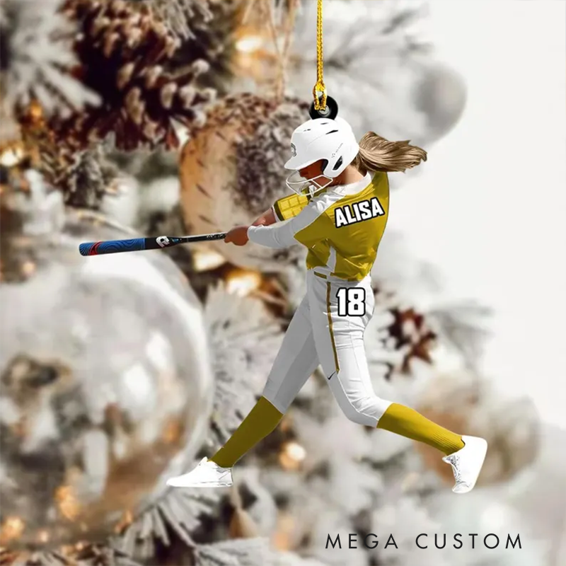 Personalized Softball Player Acrylic Ornament with Custom Name, Number, and Uniform Colors