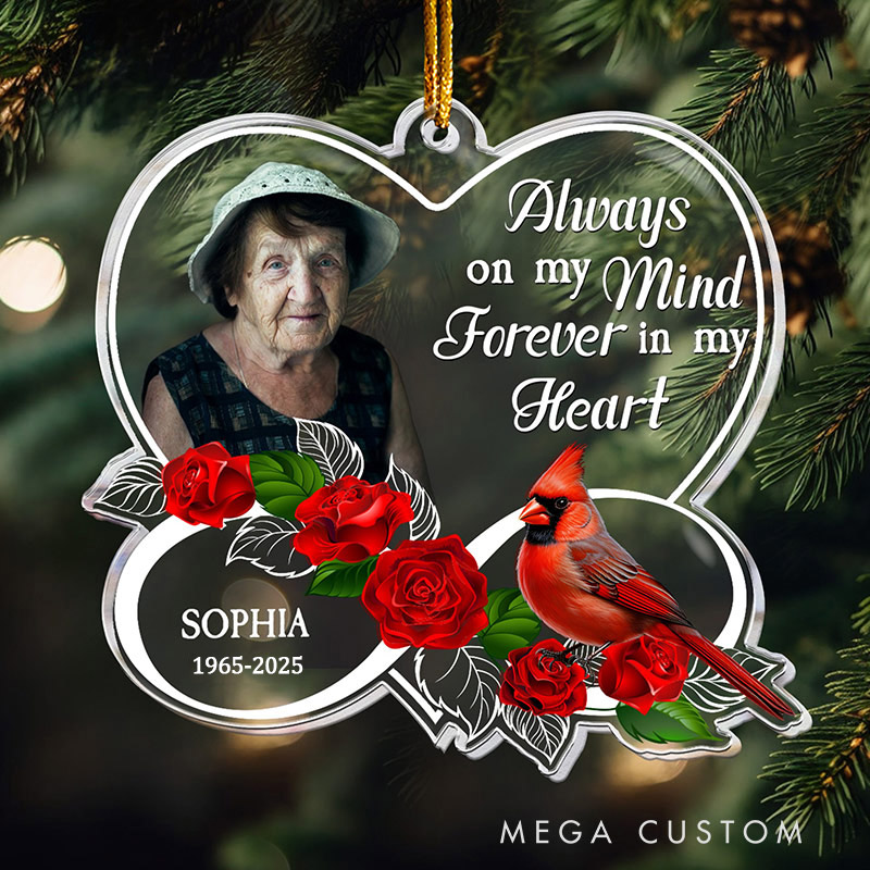 Personalized Photo Ornament Forever in My Heart Memorial Cardinal Rose Memorial Ornament Sympathy Gift for Loss of Grandmother