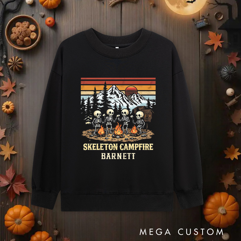 Personalized Skeleton Campfire Classic Sweatshirts Camping Hiking Lovers Sweatshirts Halloween Gift Outdoor