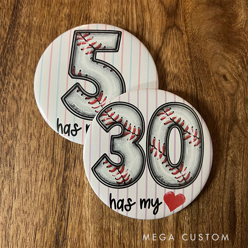 Personalized Baseball Themed Button with Number and Heart Details  